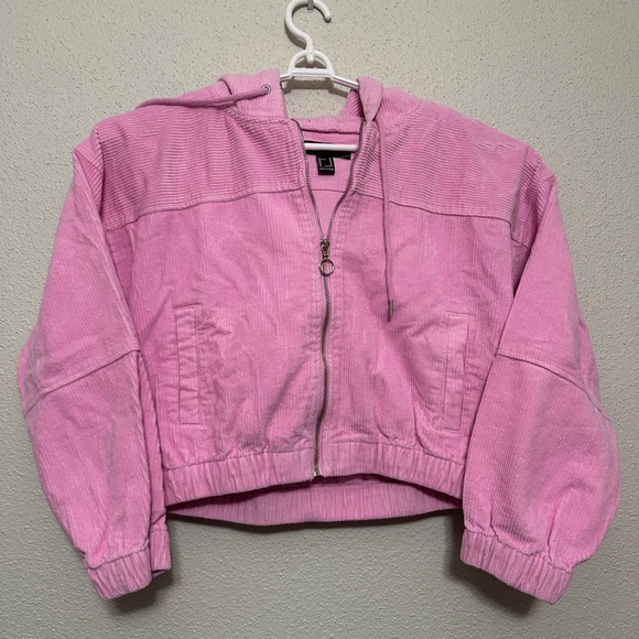 Forever 21 Light Pink Cropped Corduroy Drawstring Hood Bomber Jacket - Medium - Picture 2 of 7